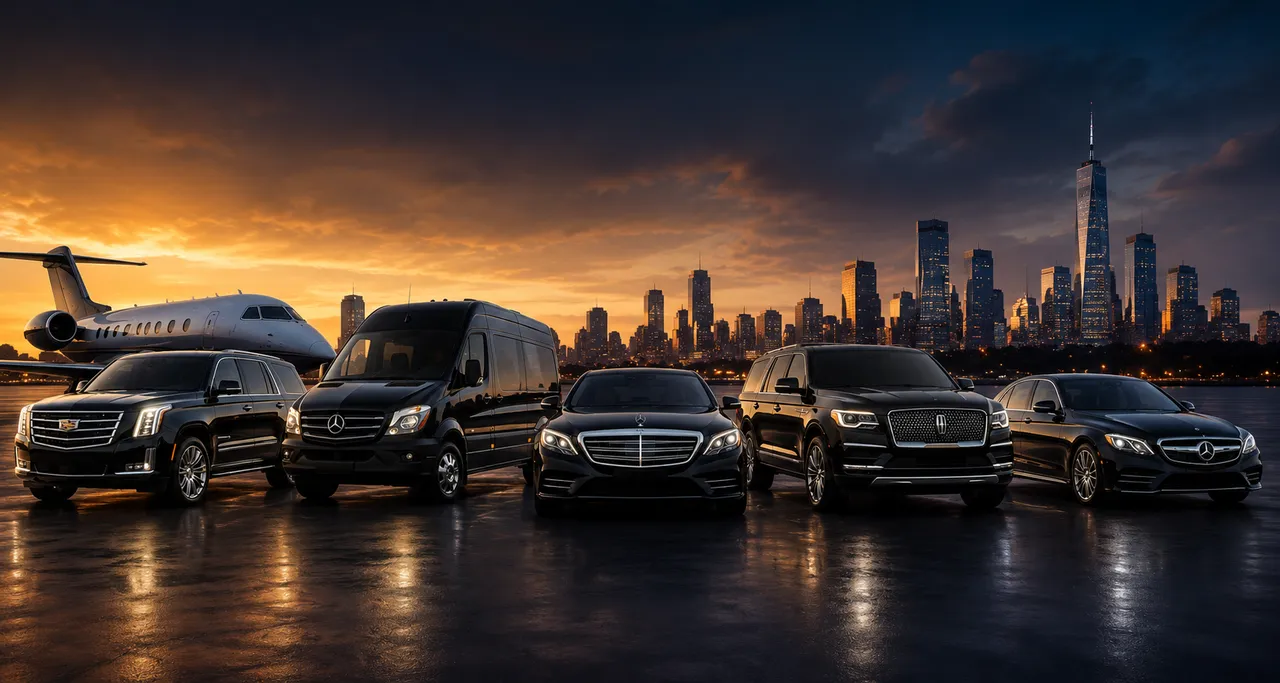 The Runways Limousine fleet — Escalade, Sprinter, S-Class, Navigator and E-Class lined up before a jet and city skyline at dusk