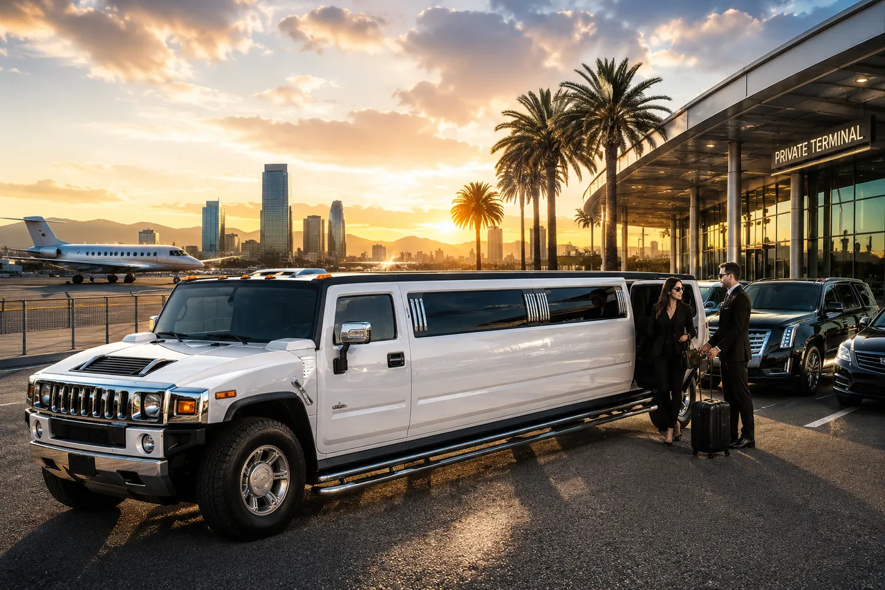 A chauffeur assisting a client with luggage beside a white stretch limousine at a private airport terminal at sunset